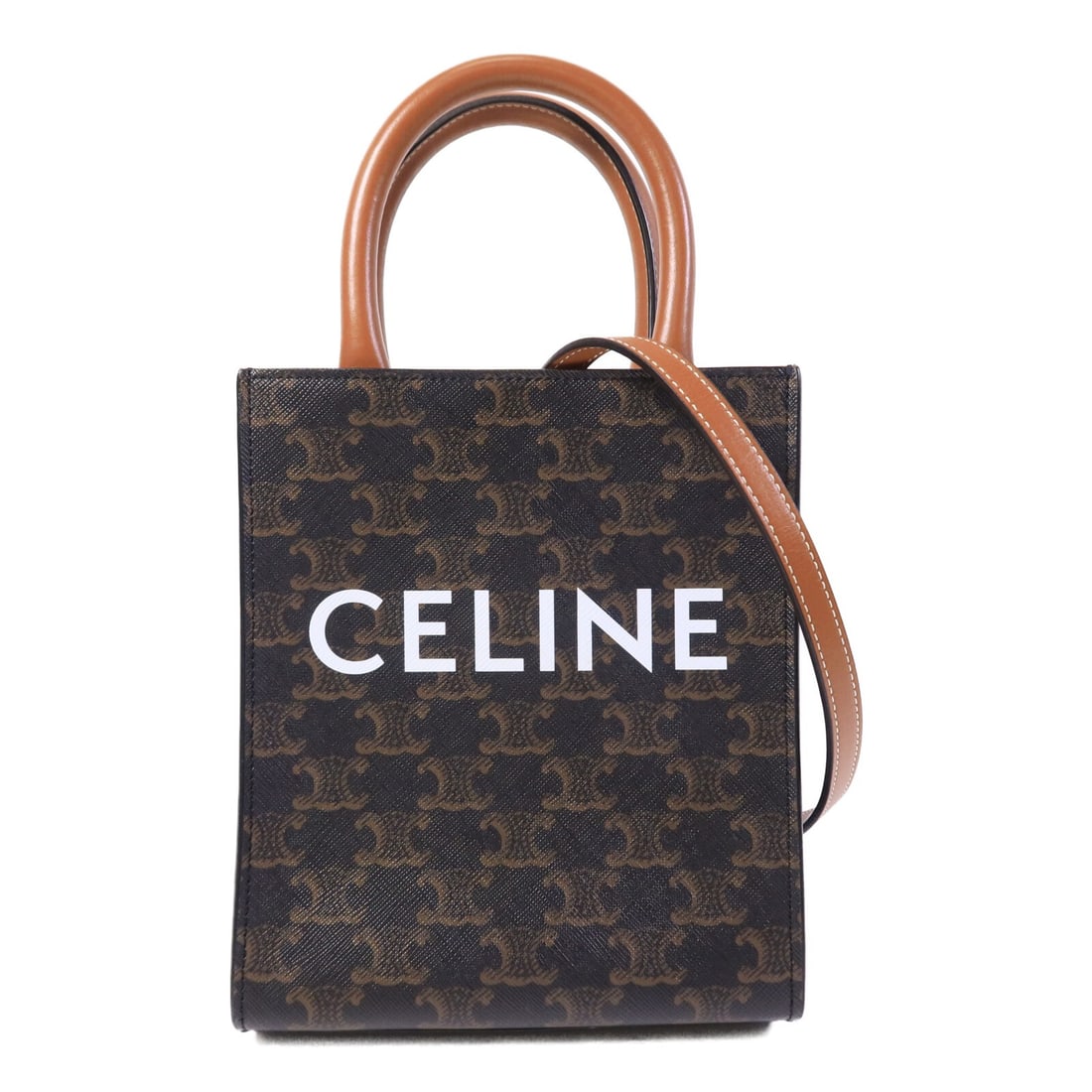 CELINE Mini Vertical Cabas 2way Shoulder Bag Brown Coated Canvas Leather: CELINE Mini Vertical Cabas 2way Shoulder Bag Brown Coated Canvas Leather Celine Mini Vertical Cabas 2-way shoulder bag in brown PVC coated canvas and leather. This women's bag includes a shoulder stra