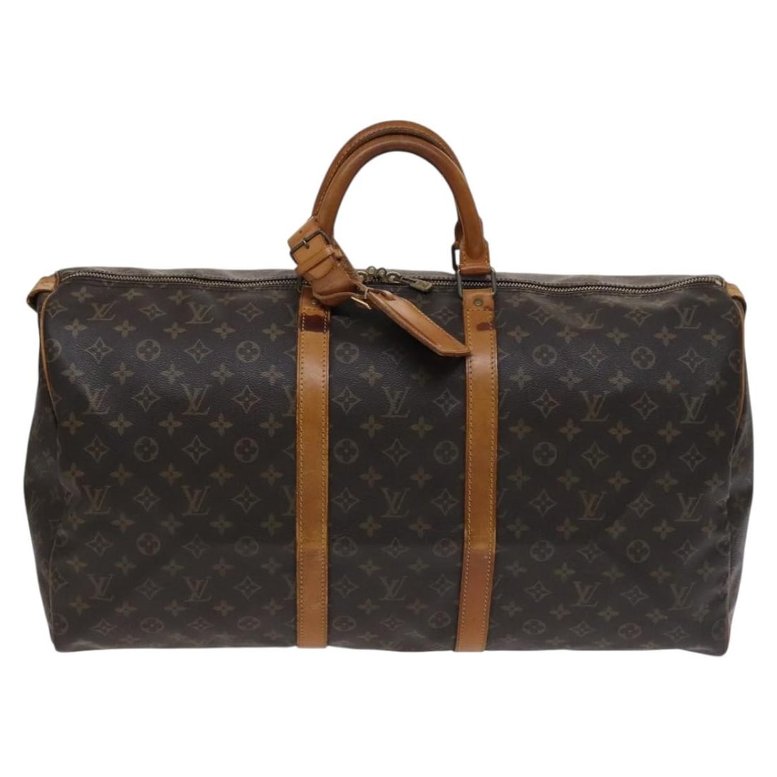 Louis Vuitton Monogram Canvas Keepall Unisex Travel Bag 55cm: Louis Vuitton Monogram Canvas Keepall Unisex Travel Bag 55cm This Louis Vuitton Keepall Bag features the signature monogram canvas in brown and is designed for unisex use. The bag shows signs of wear 