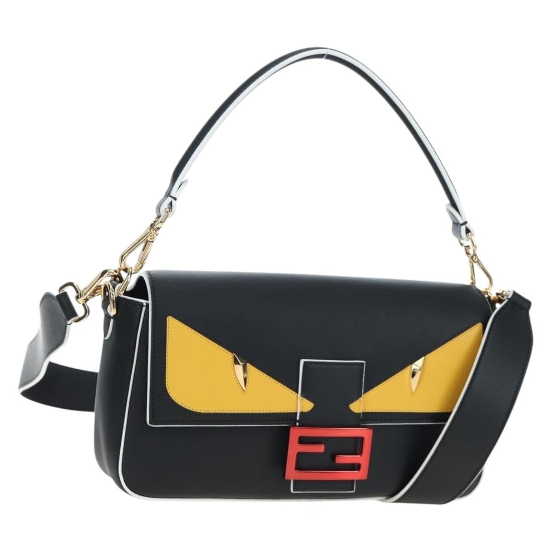 FENDI 8BR600 Mamma Baguette Leather 2way Shoulder Bag Black Yellow: FENDI 8BR600 Mamma Baguette Leather 2way Shoulder Bag Black Yellow Fendi Bugs Monster Mamma Baguette 2-way shoulder bag in black and yellow leather. This women's bag features a structured silhouette w