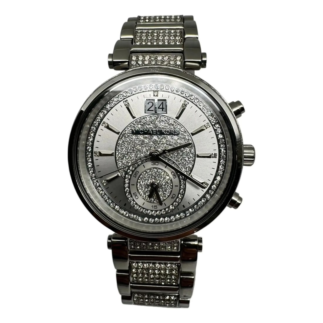 Michael Kors Sawyer womens quartz bracelet watch silver dial crystal bezel MK6281: Michael Kors Sawyer womens quartz bracelet watch silver dial crystal bezel MK6281 Pre-owned Michael Kors Sawyer ladies wristwatch with a silver dial, crystal-set detailing, and an analog quartz moveme