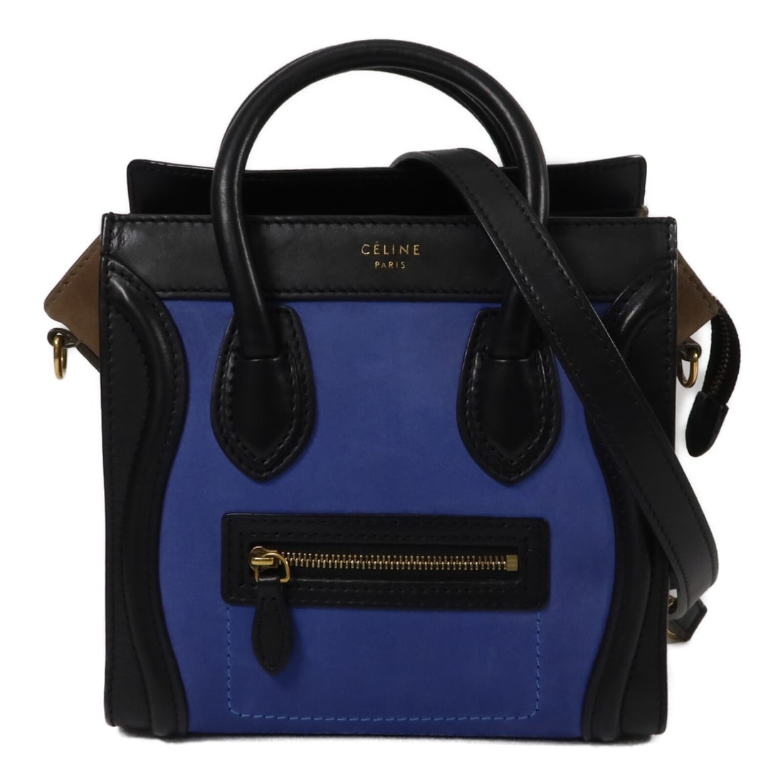 CELINE Nano Luggage 189243 Blue Calfskin 2way Shoulder Bag: CELINE Nano Luggage 189243 Blue Calfskin 2way Shoulder Bag Celine Nano Luggage 2-way shoulder bag in blue calfskin leather. This women's bag features a structured design with top handles and a detacha