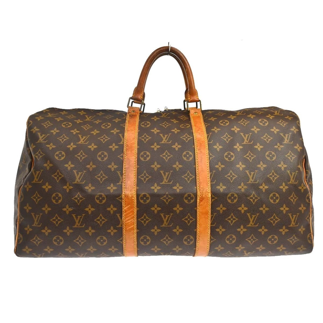 Louis Vuitton Keepall 55 Monogram Canvas Duffle Bag M41424: Louis Vuitton Keepall 55 Monogram Canvas Duffle Bag M41424 Vintage Louis Vuitton Keepall 55 travel handbag in Monogram canvas and leather with double handles and zip closure. This extra large unisex d