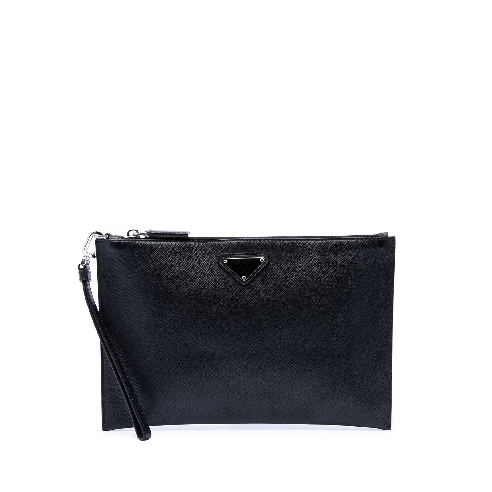 Prada black saffiano leather zip wristlet clutch bag: Prada black saffiano leather zip wristlet clutch bag Prada Saffiano wristlet clutch in black leather with a detachable flat wrist strap, top zip closure, and interior card slots. Made in Italy. Includ