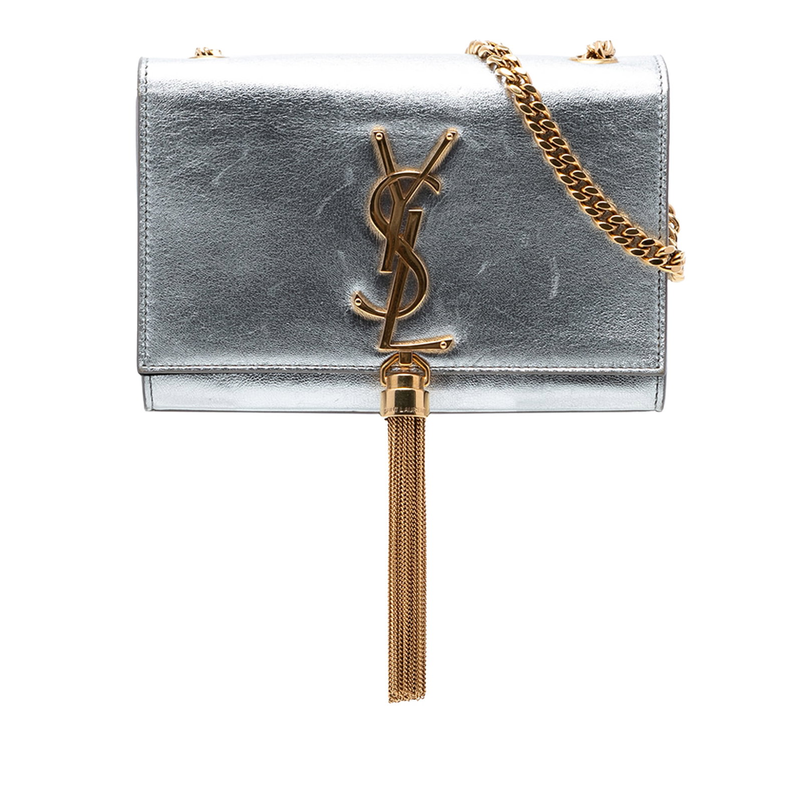 Saint Laurent Kate Metallic Calfskin Silver Tassel Crossbody: Saint Laurent Kate Metallic Calfskin Silver Tassel Crossbody This Saint Laurent Small Metallic Calfskin Monogram Kate Tassel Crossbody features a metallic leather body in silver, accented with a gold-