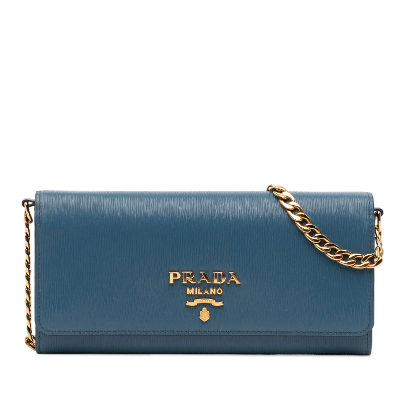 Blue Prada Saffiano Leather Chain Wallet with Detachable Strap: Blue Prada Saffiano Leather Chain Wallet with Detachable Strap This Prada Saffiano Wallet On Chain features a blue saffiano leather exterior, a detachable chain link strap, a front flap with snap butt