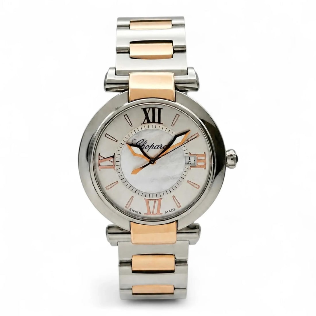 Chopard Imperiale 36mm Quartz Mother of Pearl Dial Ladies Watch 8532: Chopard Imperiale 36mm Quartz Mother of Pearl Dial Ladies Watch 8532 This Chopard Imperiale wristwatch features a 36mm polished stainless steel case with 18k rose gold accents, complemented by a mothe