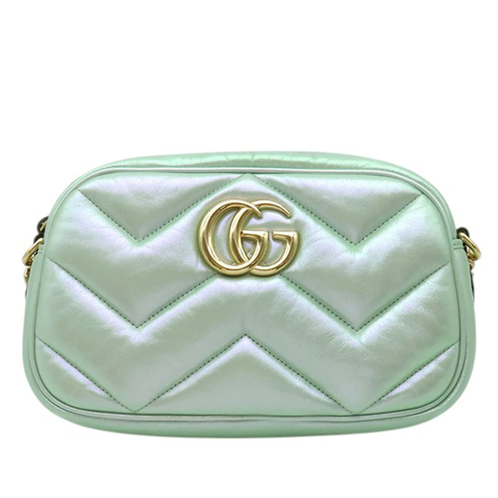 Gucci GG Marmont Small Matelasse Nappa Leather Crossbody Bag: Gucci GG Marmont Small Matelasse Nappa Leather Crossbody Bag Small GG Marmont Matelasse Iridescent Nappa crossbody bag in green leather with a quilted body, curb chain strap, top zip closure, and inte