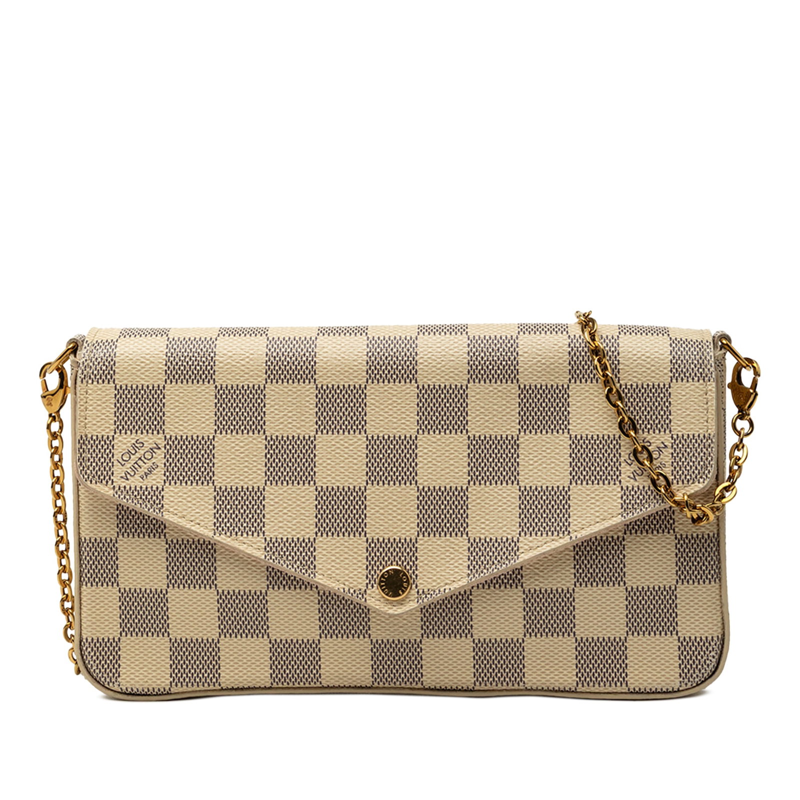 Louis Vuitton Pochette Felicie Damier Azur crossbody bag: Louis Vuitton Pochette Felicie Damier Azur crossbody bag Louis Vuitton Pochette Felicie crossbody bag in Damier Azur canvas with a detachable gold-tone chain strap and top flap with snap button closur