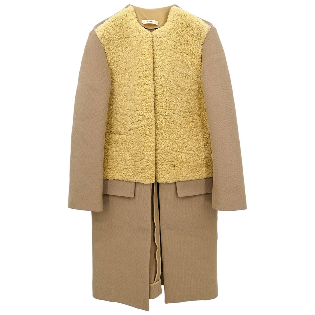 CELINE beige long overcoat size 36 vintage France: CELINE beige long overcoat size 36 vintage France Vintage Celine long beige overcoat for women with a collared design and hook-and-loop closure. Made in France, this coat features a wool blend outer s