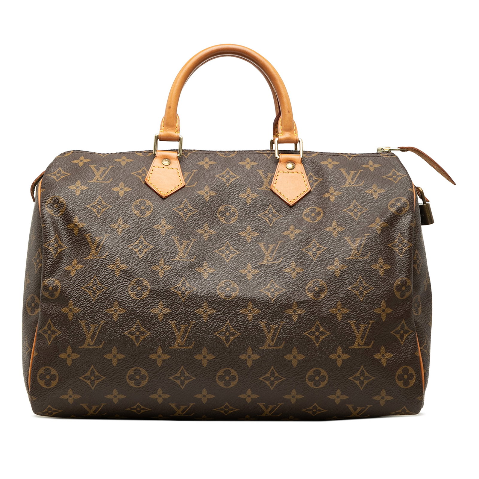 Louis Vuitton Speedy 35 Monogram Canvas Handbag: Louis Vuitton Speedy 35 Monogram Canvas Handbag Louis Vuitton Monogram Speedy 35 handbag with a monogram canvas body, rolled vachetta leather handles, top zip closure, and an interior slip pocket. Mad