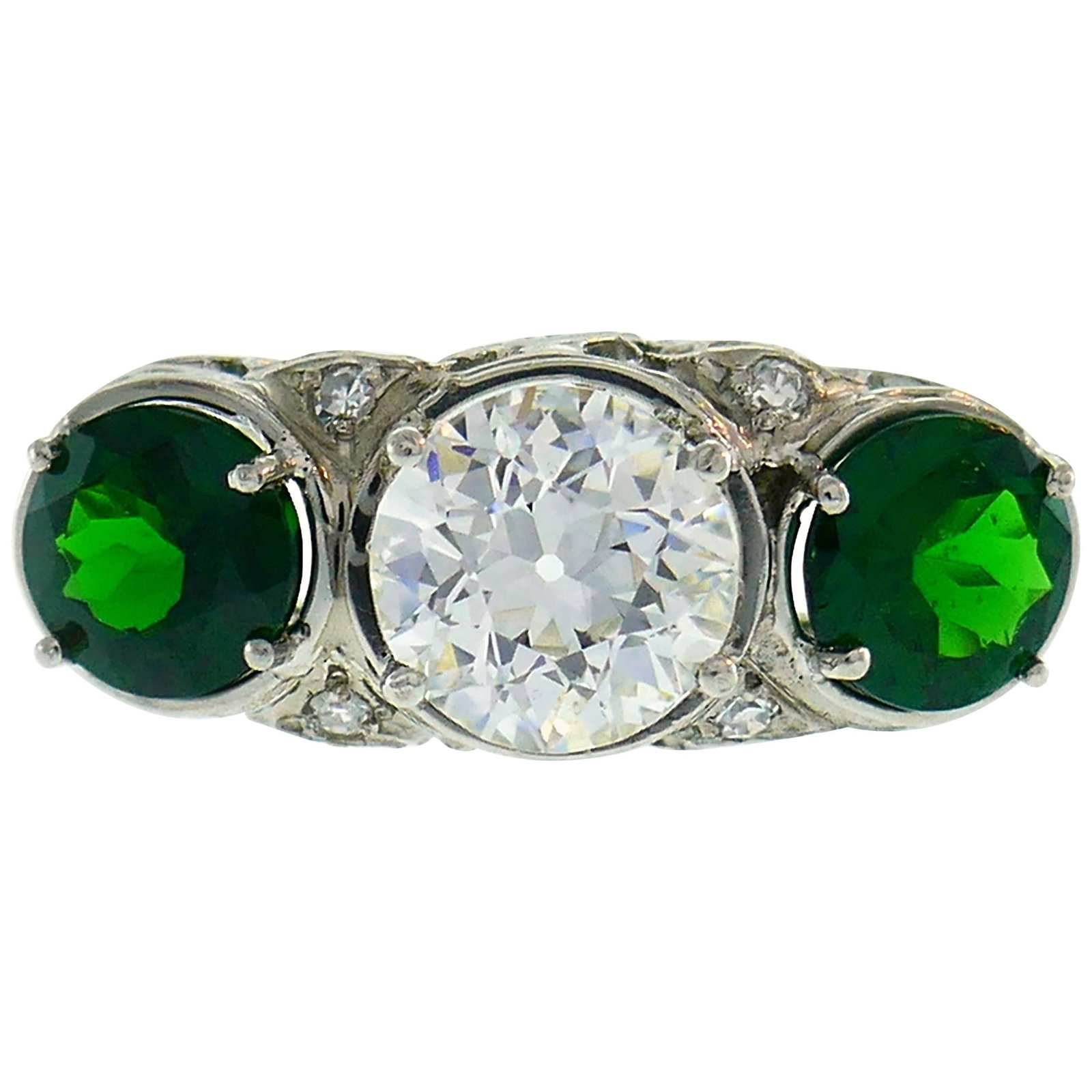 Platinum Art Deco Ring with Diamond and Emerald Three Stone Design (1 of 11)