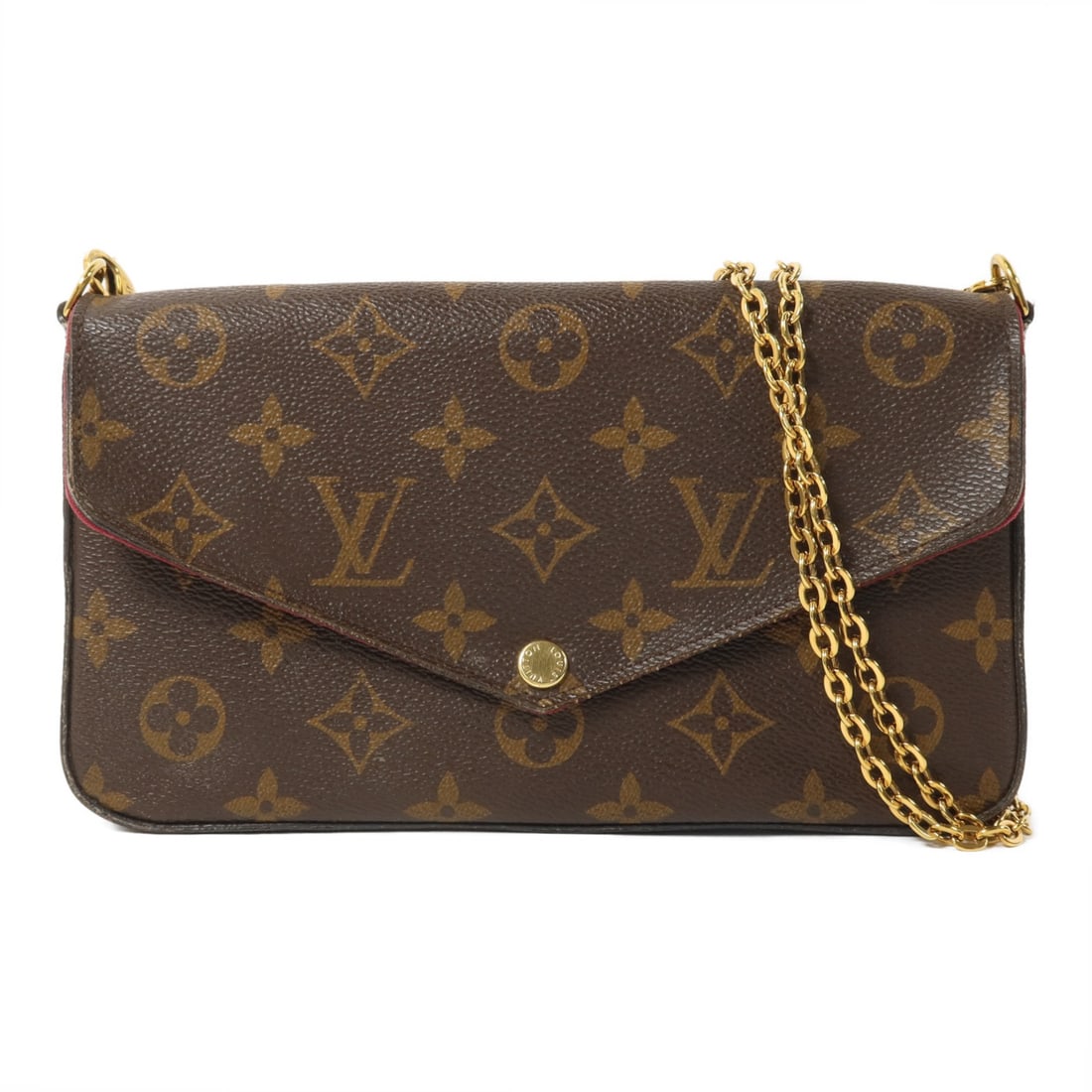Louis Vuitton Pochette Felicie M61276 Monogram Chain Shoulder Bag Brown Red: Louis Vuitton Pochette Felicie M61276 Monogram Chain Shoulder Bag Brown Red A Louis Vuitton Pochette Felicie chain shoulder bag in Monogram and PVC coated canvas, presented in brown and red. This regu