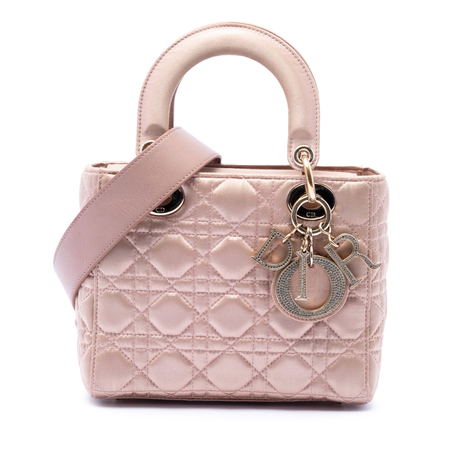 Dior Lady Dior Small Pink Satin Cannage Bag with Swarovski: Dior Lady Dior Small Pink Satin Cannage Bag with Swarovski Small Lady Dior bag in pink quilted satin with Swarovski details. It features rolled leather handles, a detachable flat strap, a fold-in flap
