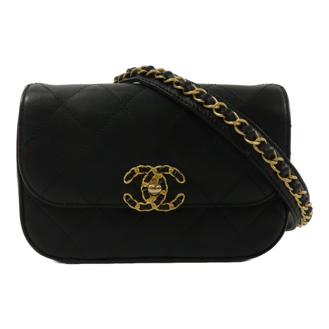 CHANEL Chanel 19 AS0973 black lambskin waist bag: CHANEL Chanel 19 AS0973 black lambskin waist bag Chanel 19 flap belt waist bag in black lambskin leather with CC GHW detailing. Designed for women, this waist bag/body bag features a turn-lock closure