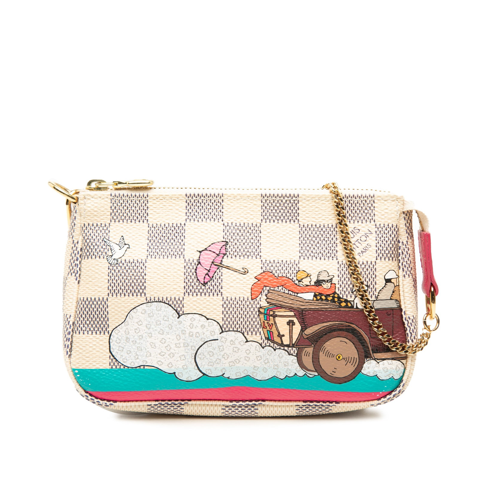 Louis Vuitton Damier Azur Evasion Mini Pochette Bag: Louis Vuitton Damier Azur Evasion Mini Pochette Bag Louis Vuitton Damier Azur Evasion Mini Pochette Accessoires with a printed Damier Azur canvas body, detachable chain link strap, and top zip closure