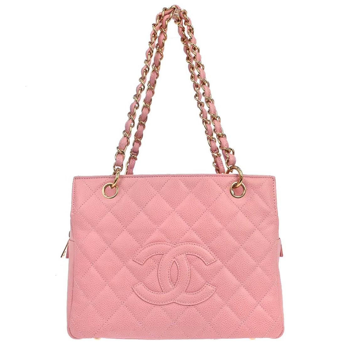 Chanel Petite Timeless Tote PTT Pink Caviar Leather Chain Bag: Chanel Petite Timeless Tote PTT Pink Caviar Leather Chain Bag Chanel Petite Timeless Tote PTT chain handbag in pink Caviar Skin Leather with a quilted exterior and canvas lining. It features a zip clo