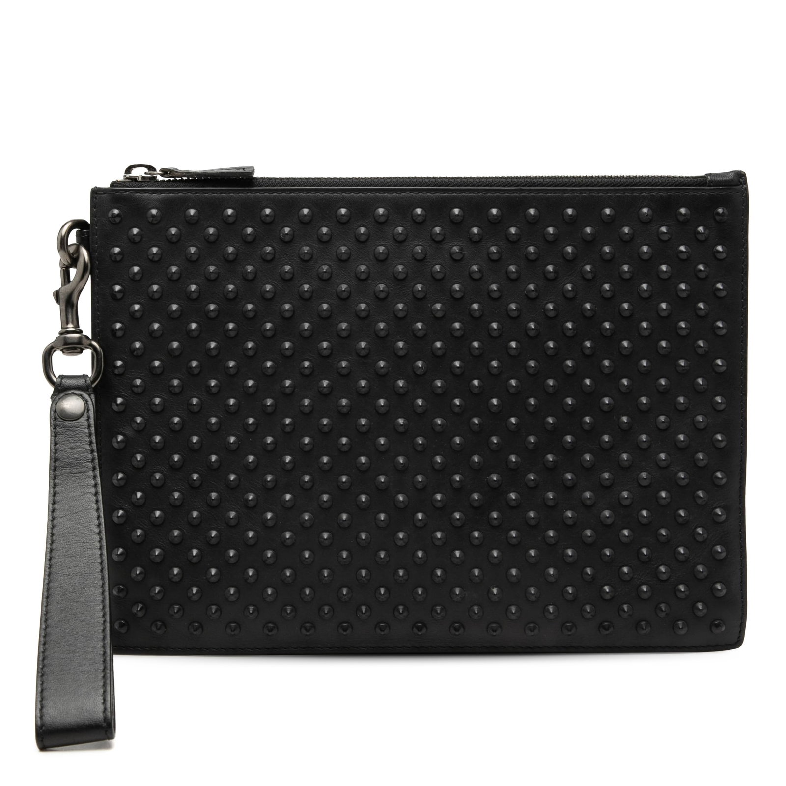 Black Leather Wristlet Clutch Gucci Studded Calfskin: Black Leather Wristlet Clutch Gucci Studded Calfskin Gucci studded calfskin clutch in black leather with a detachable flat wrist strap, top zip closure, and interior slip pockets. Made in Italy. Condi