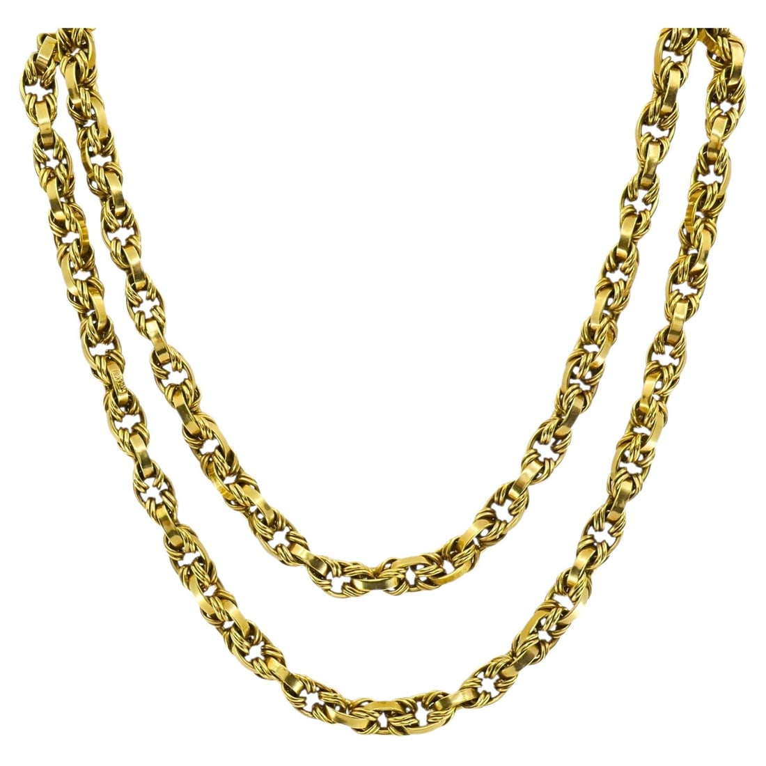 Italian 18k Gold Rope Link Necklace Arezzo 34.5 in 132 g: Italian 18k Gold Rope Link Necklace Arezzo 34.5 in 132 g Vintage Italian 18k gold chain necklace featuring a substantial rope-style woven link design. The oval links are wrapped with additional gold w