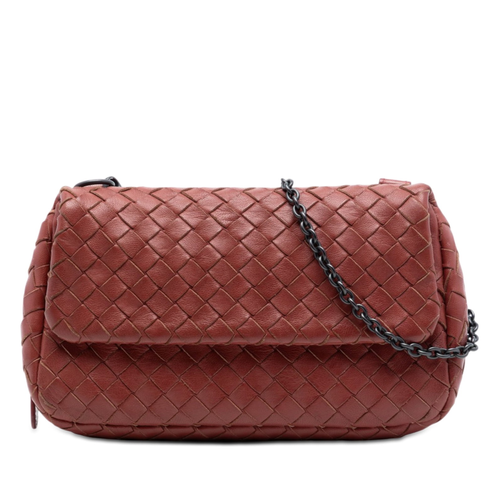 Bottega Veneta Intrecciato Mini Chain Flap Crossbody Red Nappa Leather: Bottega Veneta Intrecciato Mini Chain Flap Crossbody Red Nappa Leather Bottega Veneta Mini Nappa Intrecciato Expandable Chain Flap Crossbody in red woven nappa leather. This crossbody bag features a c