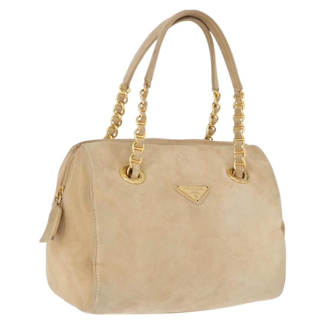 PRADA suede handbag beige with gold tone dust bag: PRADA suede handbag beige with gold tone dust bag Prada suede handbag in beige and gold, made in Italy. This women's handbag includes a dust bag and shows reasonable wear and tear consistent with rank