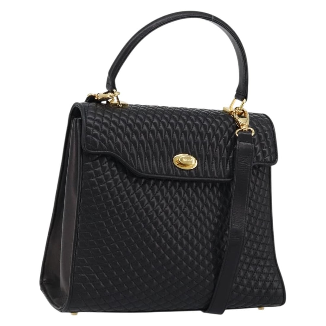 BALLY Black Gold Leather Quilted Shoulder Bag 2way Auth BA12213A: BALLY Black Gold Leather Quilted Shoulder Bag 2way Auth BA12213A This BALLY quilted leather handbag features a versatile 2-way design in black with gold-tone accents. Crafted in Switzerland, it includ