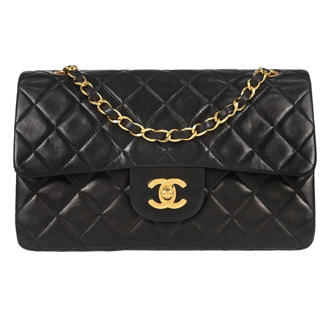 CHANEL Classic Double Flap Small Black Lambskin Shoulder Bag: CHANEL Classic Double Flap Small Black Lambskin Shoulder Bag Chanel Small Classic Double Flap shoulder bag in black lambskin with matelasse quilting and a flap turnlock closure. This women's shoulder 