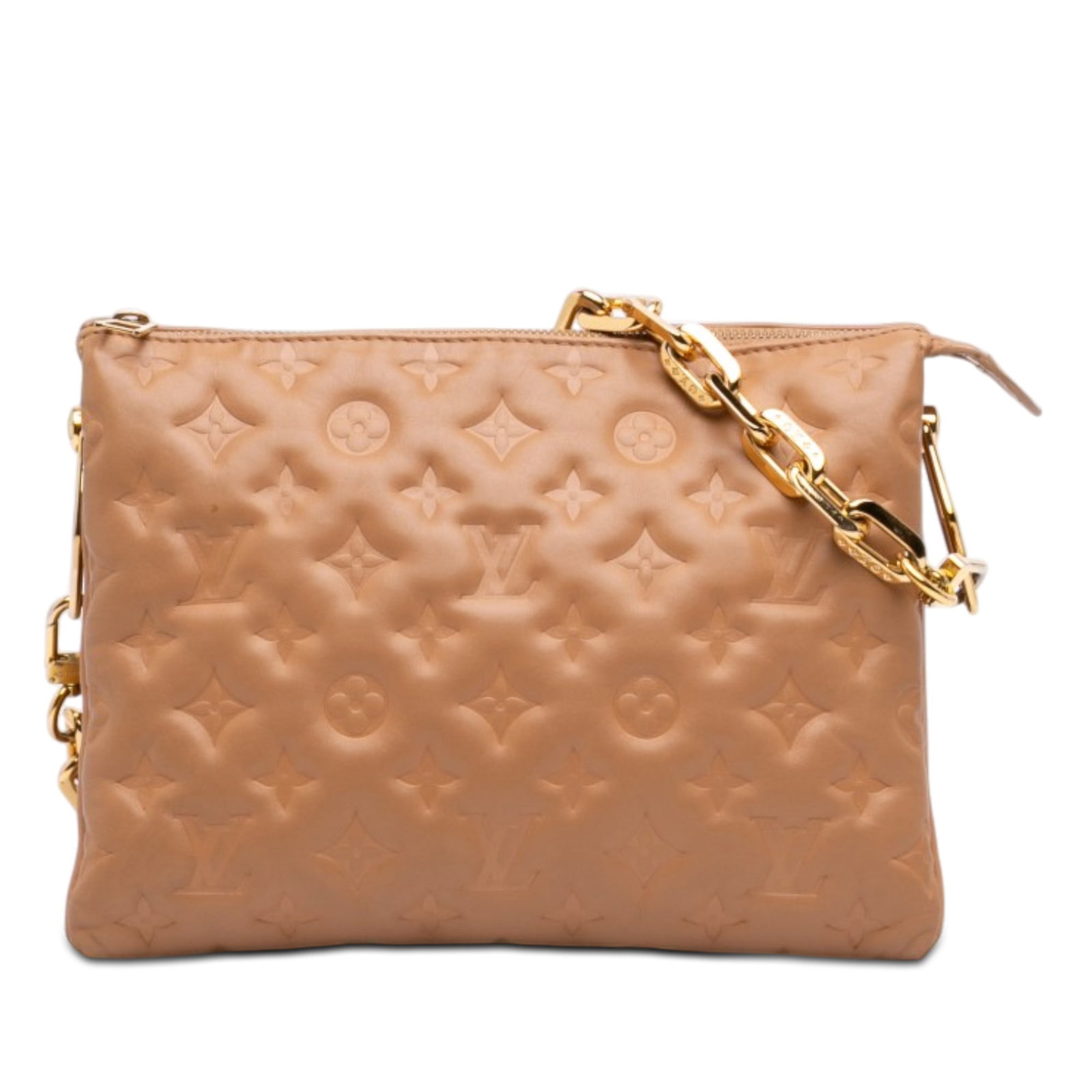 Louis Vuitton Coussin PM Monogram Embossed Lambskin Shoulder Bag: Louis Vuitton Coussin PM Monogram Embossed Lambskin Shoulder Bag Louis Vuitton Coussin PM shoulder bag in brown monogram-embossed puffy lambskin leather. It features a detachable gold-tone chain handl