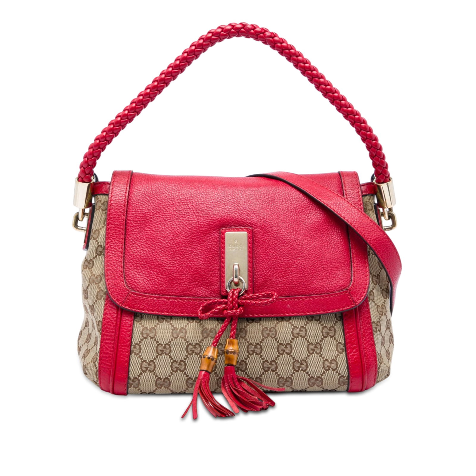 Gucci Bella Flap Satchel in Beige GG Canvas: Gucci Bella Flap Satchel in Beige GG Canvas Gucci Bella flap satchel in GG canvas with leather trim and tassel detail. This satchel features a braided leather handle, a detachable flat leather shoulde