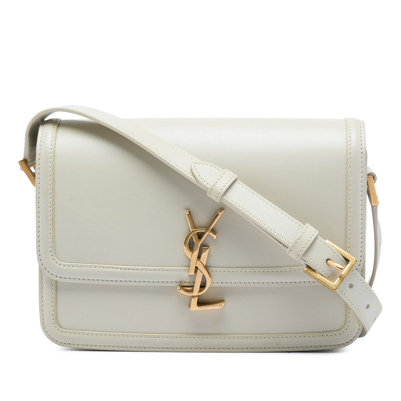 Saint Laurent Solferino Medium Calfskin Leather Satchel with Box: Saint Laurent Solferino Medium Calfskin Leather Satchel with Box Saint Laurent Solferino satchel crafted in smooth calfskin leather with a structured flap silhouette and clasp closure. The bag feature