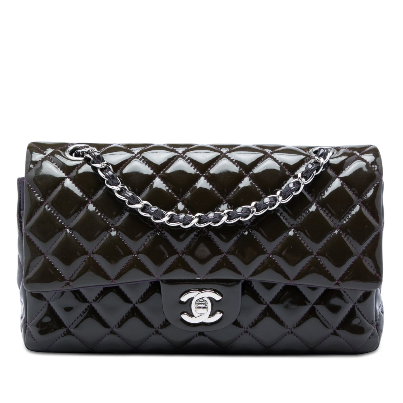 Chanel Medium Classic Double Flap Patent Leather Shoulder Bag Purple: Chanel Medium Classic Double Flap Patent Leather Shoulder Bag Purple Chanel Medium Classic Patent Double Flap shoulder bag in purple quilted patent leather. It features leather-woven chain shoulder st