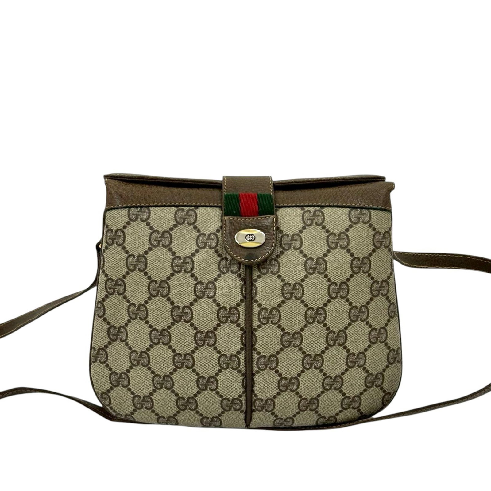 Gucci GG Supreme Web beige crossbody bag coated canvas: Gucci GG Supreme Web beige crossbody bag coated canvas Gucci GG Supreme Web Crossbody bag with a coated canvas body and leather trim. The design features a flat leather strap, a fold-over flap with ma