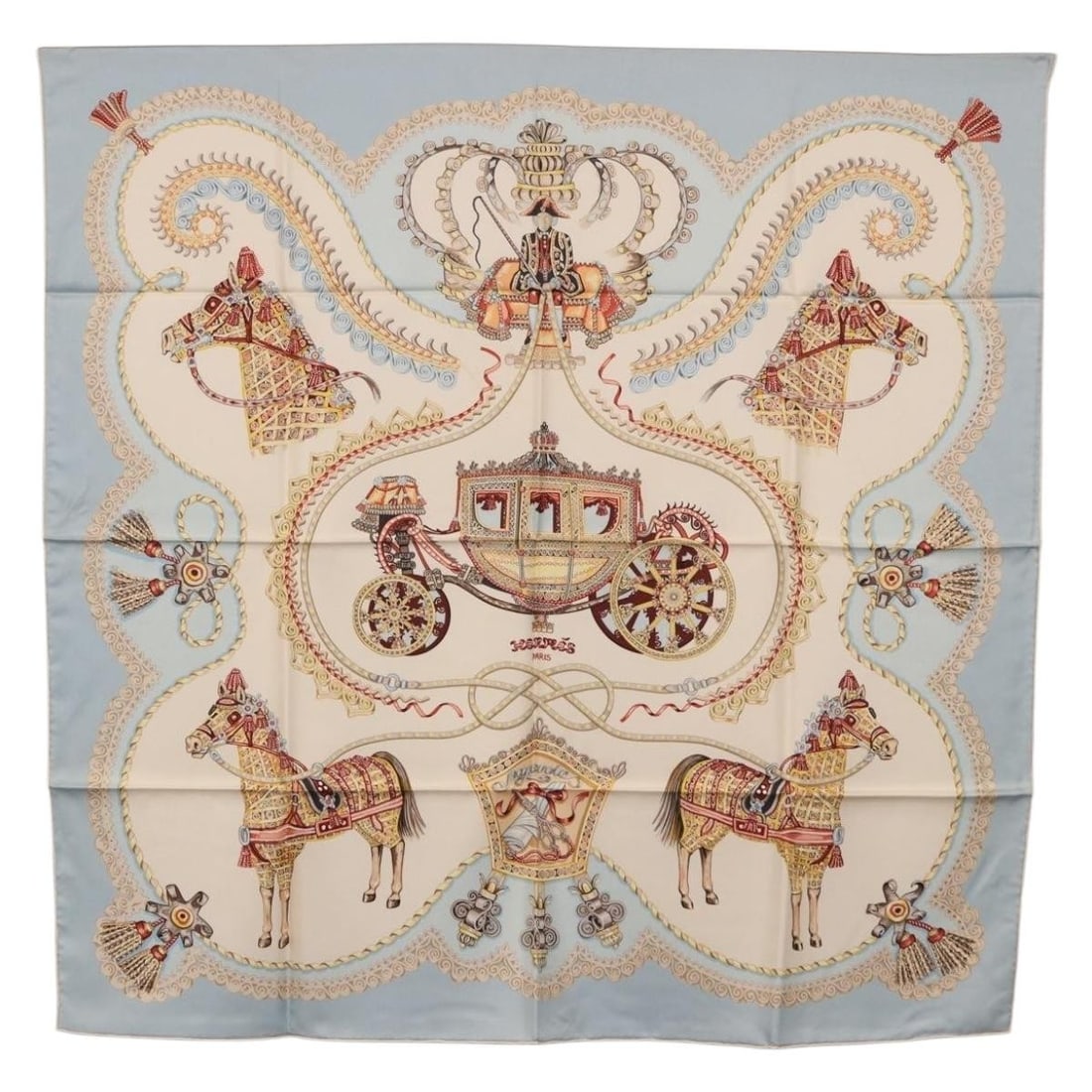 Hermes Carre 90 Silk Scarf Light Blue France: Hermes Carre 90 Silk Scarf Light Blue France Authentic Hermes Carre 90 scarf in light blue silk. This women's scarf is made in France and includes the item box. Condition is ranked B with reasonable w