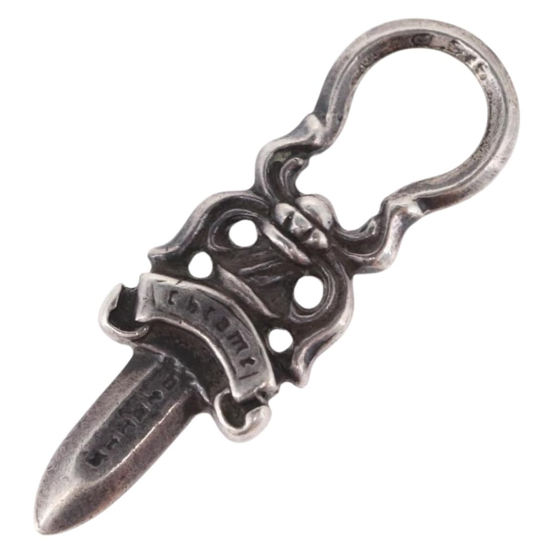 Chrome Hearts AG925 Silver Dagger Pendant Top Charm: Chrome Hearts AG925 Silver Dagger Pendant Top Charm Chrome Hearts dagger charm pendant top in silver, made from AG925 silver. It is a women's pendant top with a width of 1 cm and a height of 3.6 cm. C