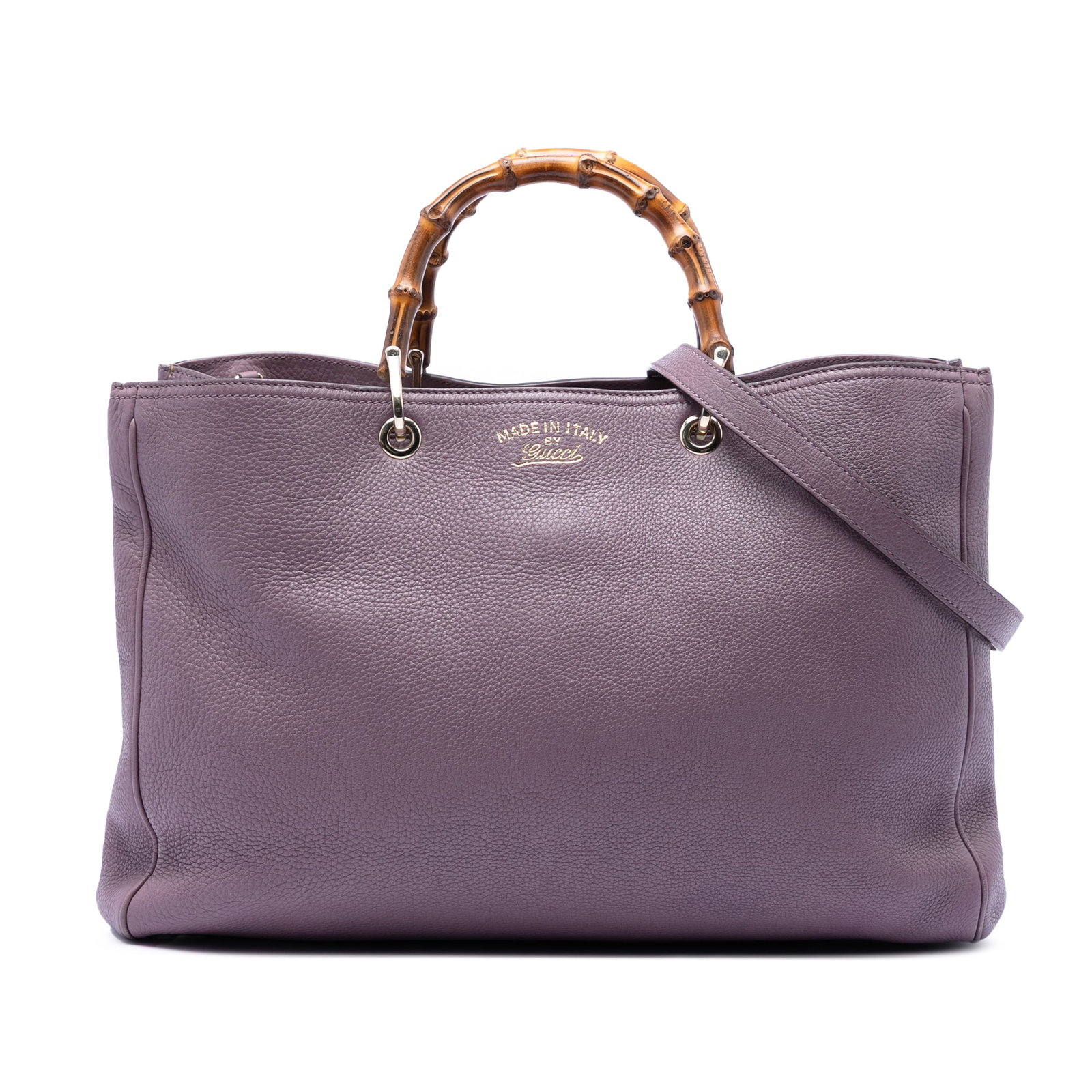 Gucci purple bamboo handle leather shopper satchel: Gucci purple bamboo handle leather shopper satchel This Gucci Large Calfskin Bamboo Shopper Satchel is crafted from leather and features distinctive bamboo handles. It includes a detachable flat leath