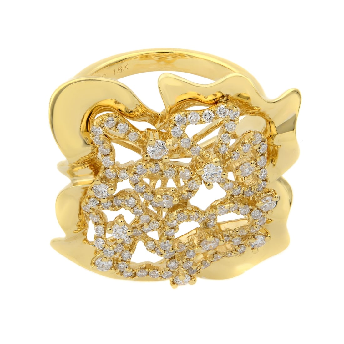 Rachel Koen Floral Diamond Cocktail Ring 18K Yellow Gold 0.75ct G Color: Rachel Koen Floral Diamond Cocktail Ring 18K Yellow Gold 0.75ct G Color This exquisite cocktail ring by Rachel Koen features a stunning floral design crafted in 18K yellow gold. The intricate setting 