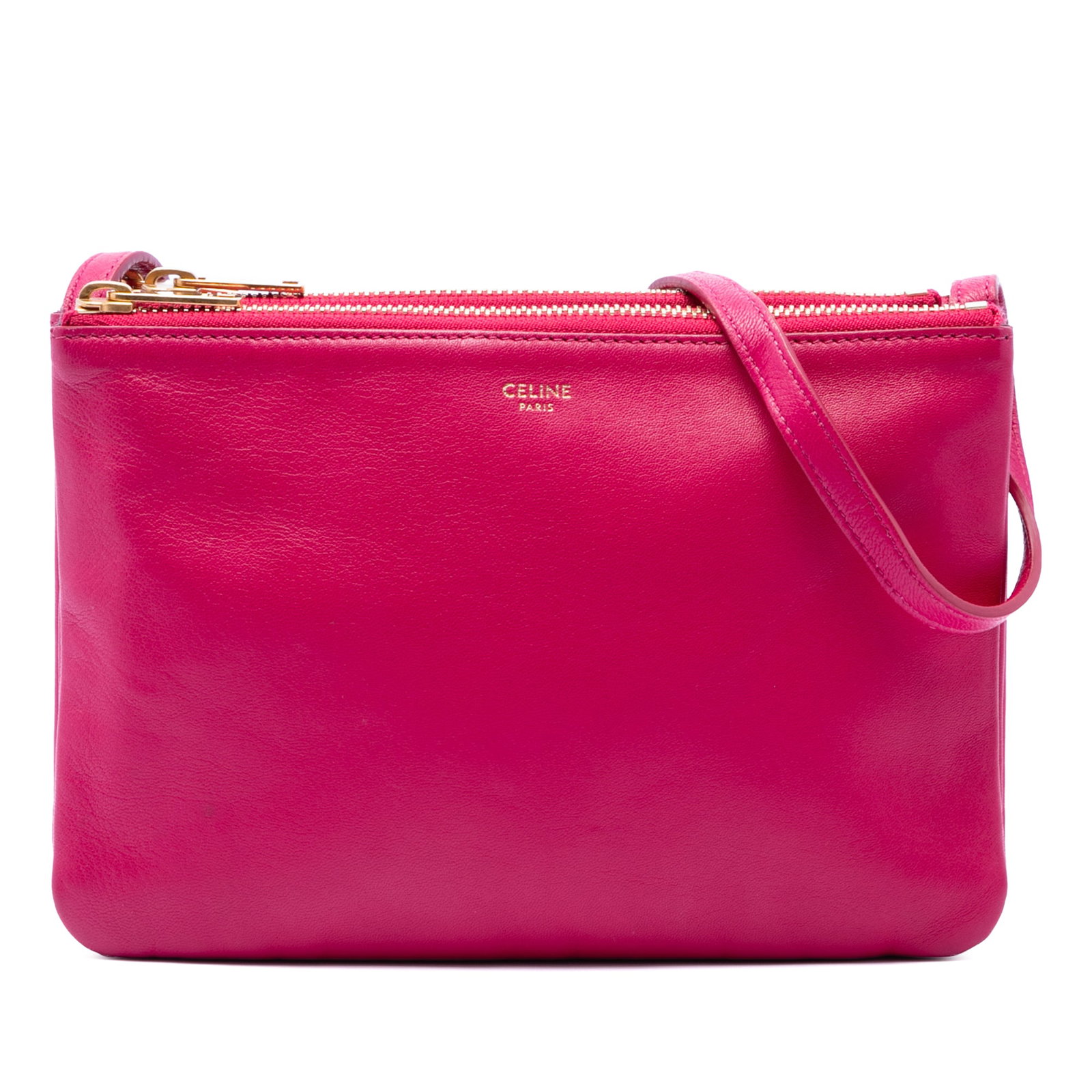Celine Trio Small Lambskin Leather Crossbody Bag Pink: Celine Trio Small Lambskin Leather Crossbody Bag Pink Celine Small Trio crossbody bag crafted in pink lambskin leather with a flat leather strap and three top-zip compartments. Made in Italy, this com