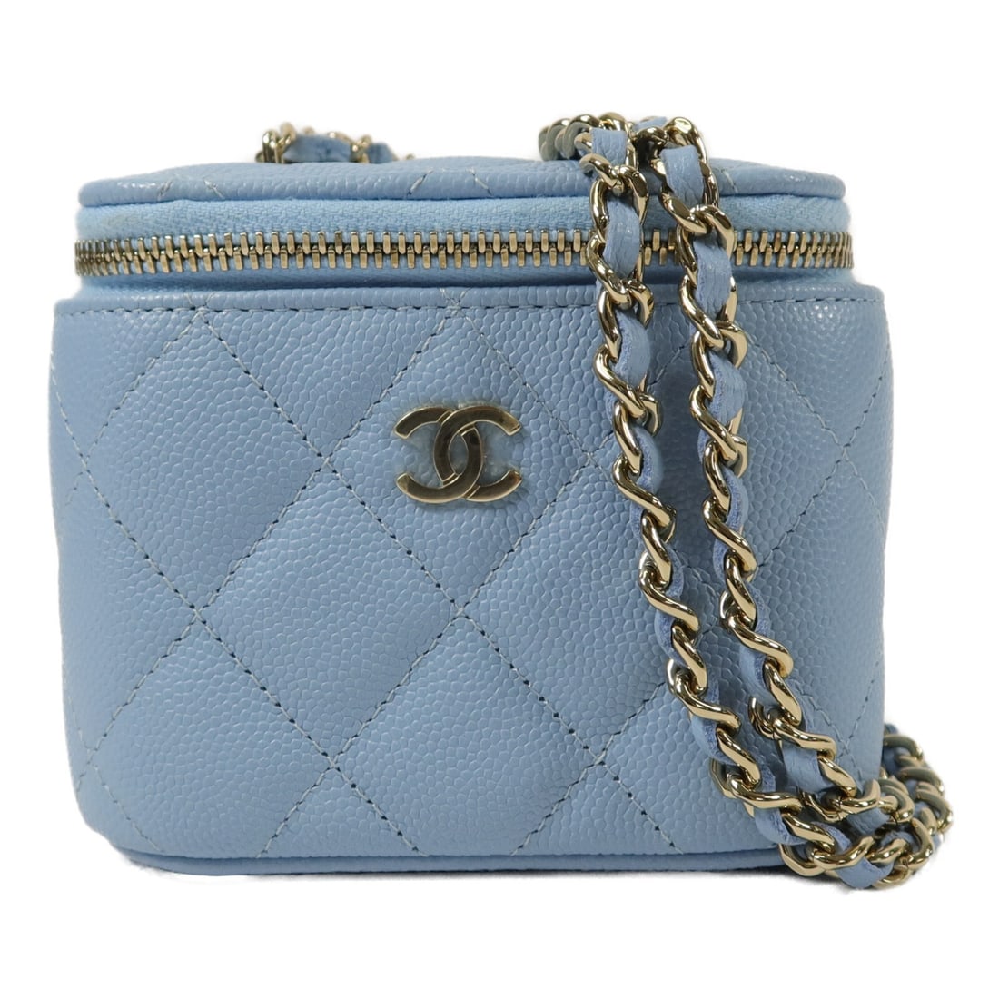 CHANEL CC Mini Vanity Crossbody Bag Blue Calfskin Chain Strap: CHANEL CC Mini Vanity Crossbody Bag Blue Calfskin Chain Strap Compact Chanel CC mini vanity case designed as a crossbody chain shoulder bag in blue calfskin leather. This women's bag features a struct