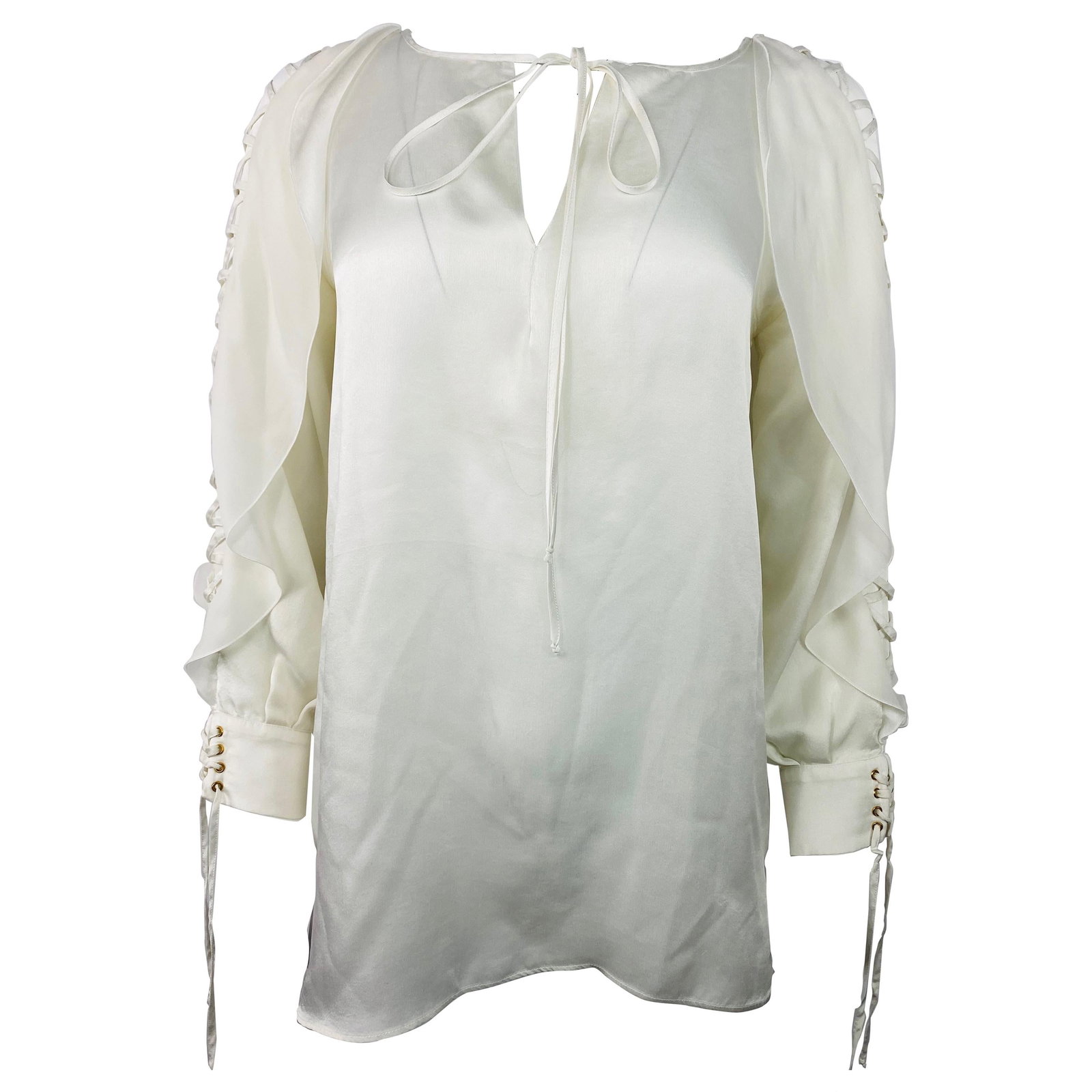 Givenchy silk blouse white V neck tie front lace sleeves (1 of 11)