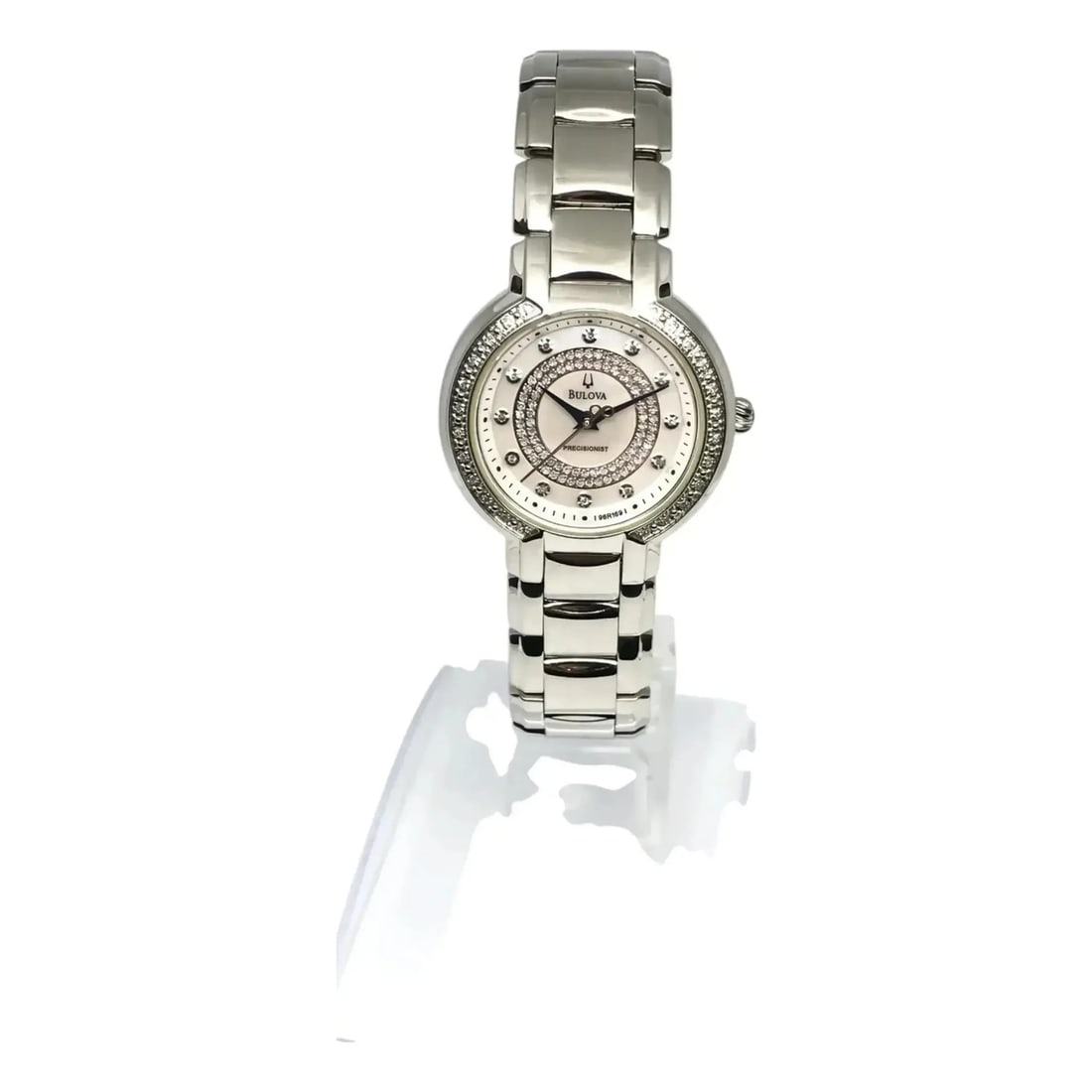 Bulova Precisionist womens quartz watch steel bracelet MOP diamond dial 96R169: Bulova Precisionist womens quartz watch steel bracelet MOP diamond dial 96R169 Bulova Precisionist ladies wristwatch with a white mother-of-pearl dial, diamond markers, and a fixed diamond-accent beze