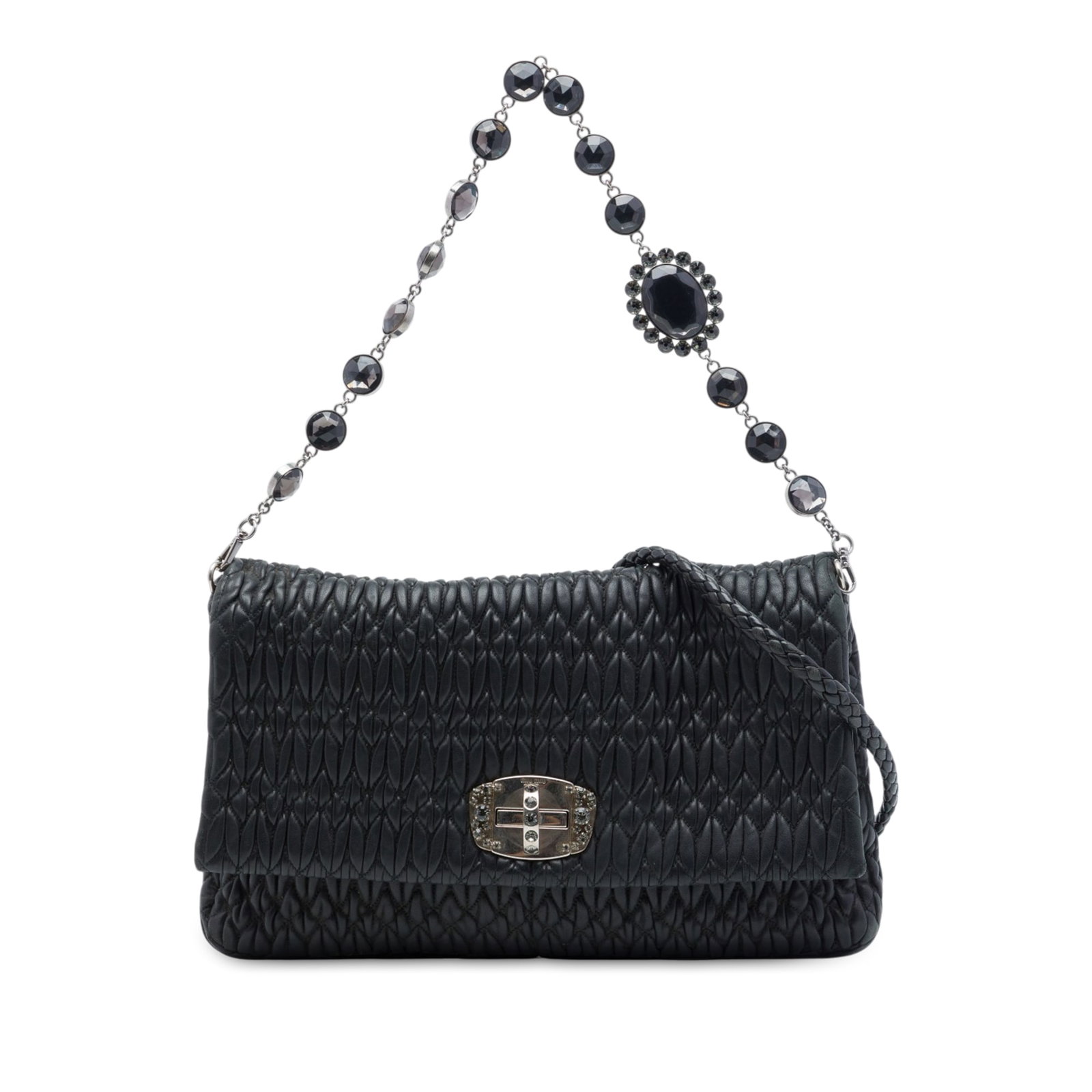 Black Leather Satchel Miu Miu Matelasse Crystal Chain (1 of 6)