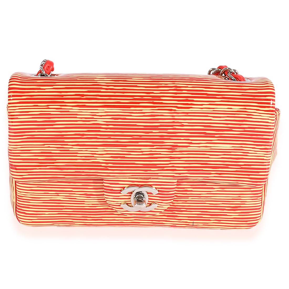 Chanel Mini Rectangular Classic Flap Patent Leather Crossbody Red Yellow: Chanel Mini Rectangular Classic Flap Patent Leather Crossbody Red Yellow Pre-owned Chanel Mini Rectangular Classic Flap Bag in red and yellow striped patent leather. This unisex bag features a turnloc