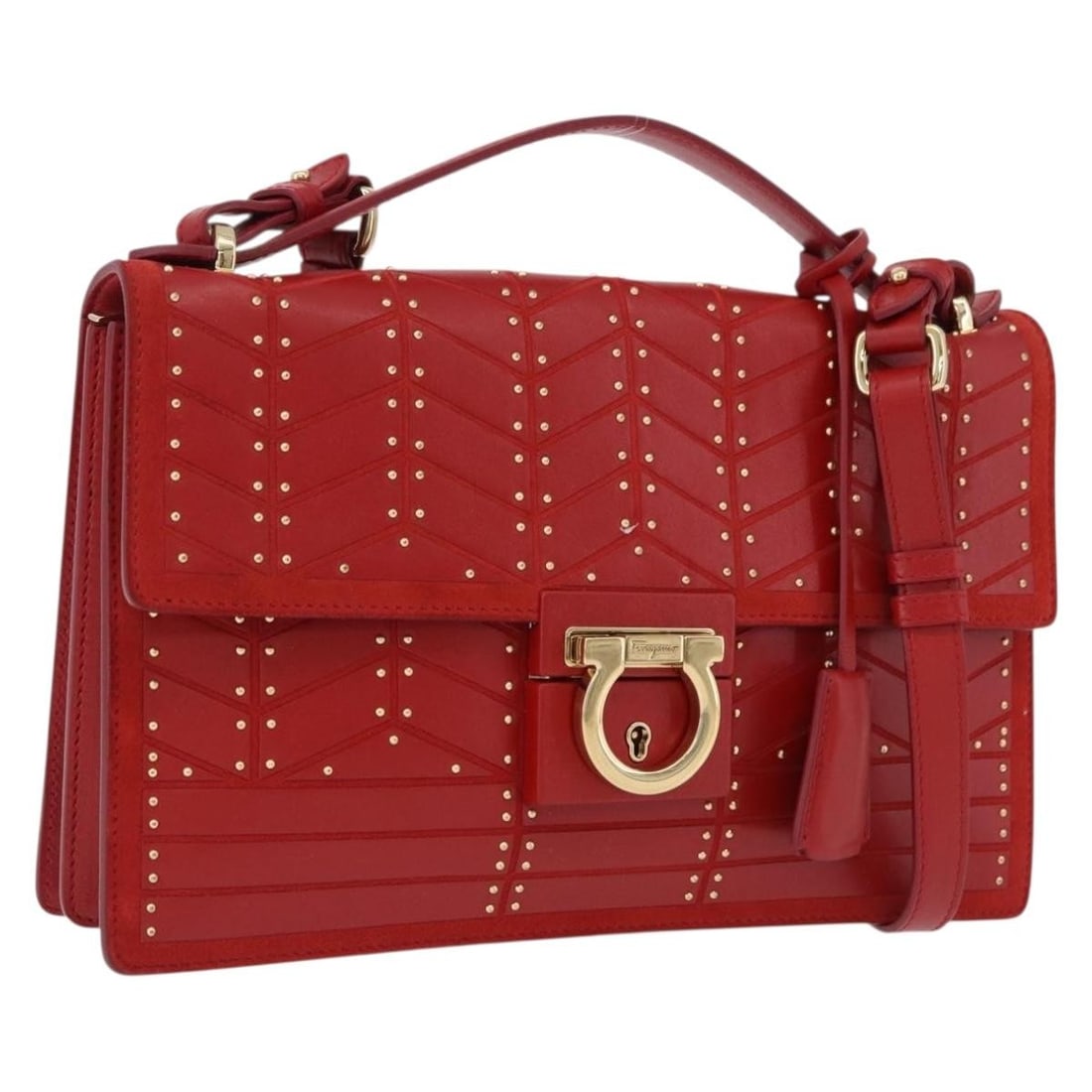 Salvatore Ferragamo Gancini red leather 2way handbag with clochette: Salvatore Ferragamo Gancini red leather 2way handbag with clochette Salvatore Ferragamo Gancini 2-way handbag in red leather with gold-tone accents. Made in Italy, this women's bag includes a key and 