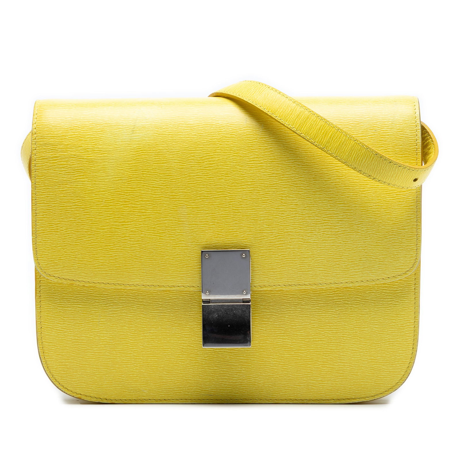 Celine Classic Box Medium Yellow Leather Shoulder Bag: Celine Classic Box Medium Yellow Leather Shoulder Bag This Celine Medium Calfskin Classic Box bag features a yellow leather body with an adjustable flat leather shoulder strap, a front flap secured by