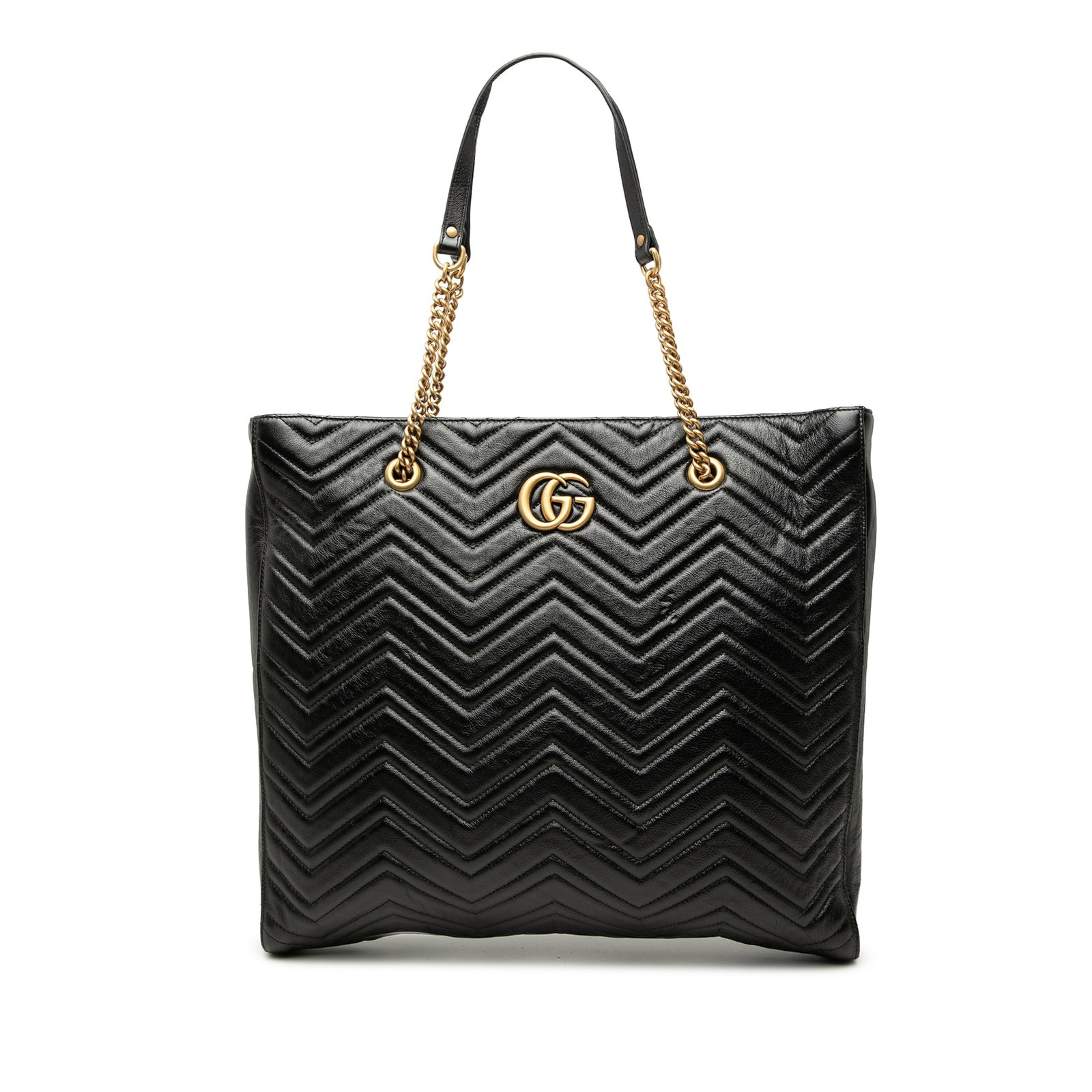 Gucci GG Marmont Large Slim Tote in Black Matelasse Leather: Gucci GG Marmont Large Slim Tote in Black Matelasse Leather Black Gucci Large GG Marmont Matelasse Calfskin Slim Tote made in Italy. This bag features a quilted leather body, chain link strap with lea