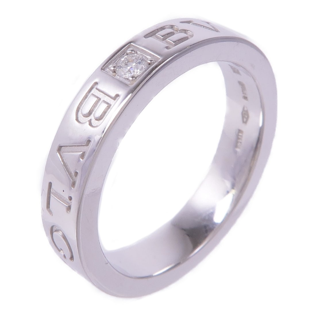 BVLGARI Double Logo diamond ring in 18K white gold size 6: BVLGARI Double Logo diamond ring in 18K white gold size 6 A BVLGARI Double Logo ring crafted in 18K white gold with a diamond accent. The ring is US size 6, has a 3 mm width, and is described as unise