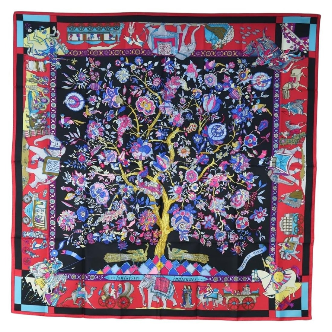 Hermes Fantaisies Indiennes Carre 90 Silk Scarf Red Black: Hermes Fantaisies Indiennes Carre 90 Silk Scarf Red Black Hermes Carre 90 scarf in silk with a red and black colorway, featuring the "fantaisies indiennes" design. Made in France and offered with its 