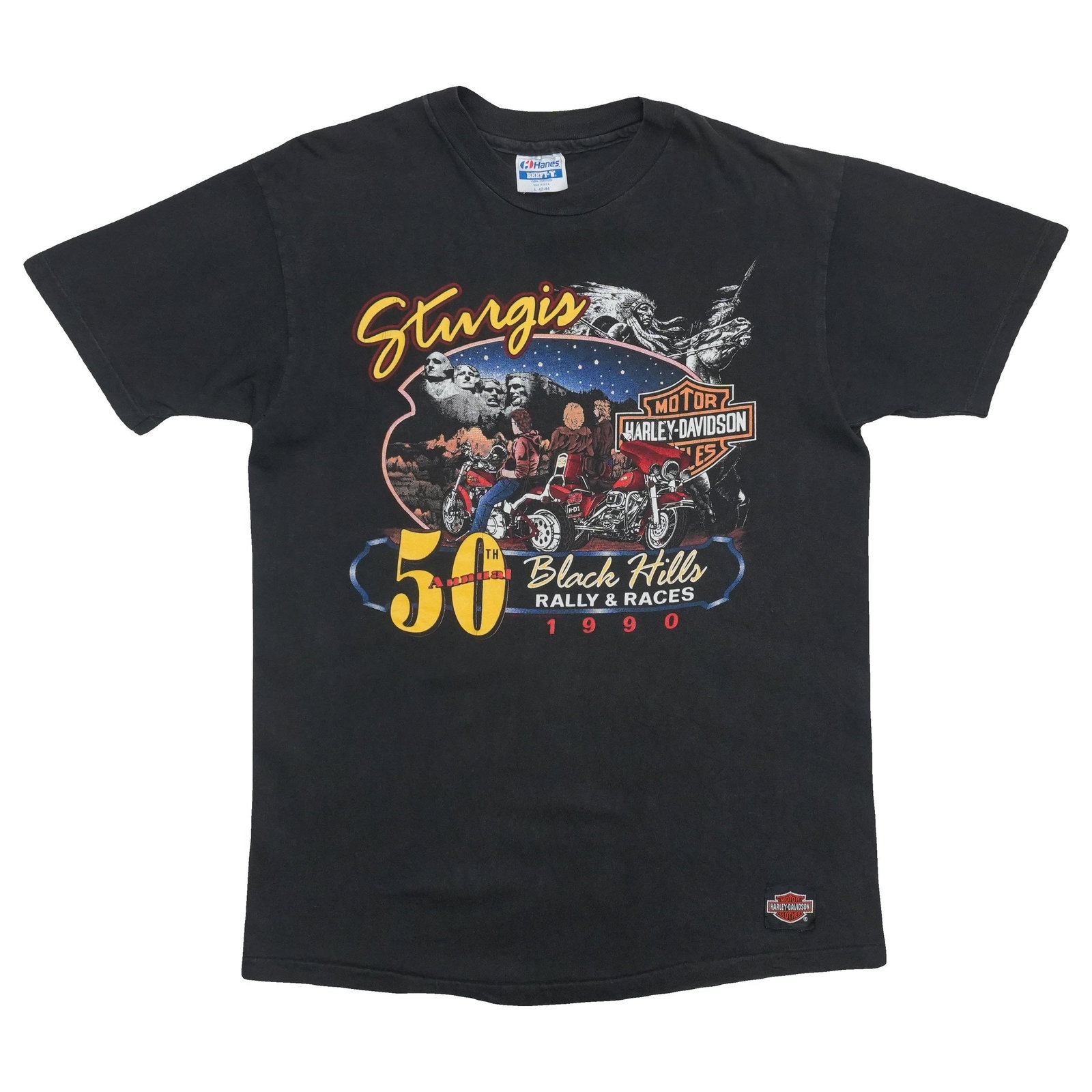 Black Cotton T Shirt 1990 Sturgis 50th Rally Medium: Black Cotton T Shirt 1990 Sturgis 50th Rally Medium Authentic vintage 1990 Sturgis 50th Black Hills Rally shirt with front and back graphics. This original 1990s single-stitch T-shirt is described as 