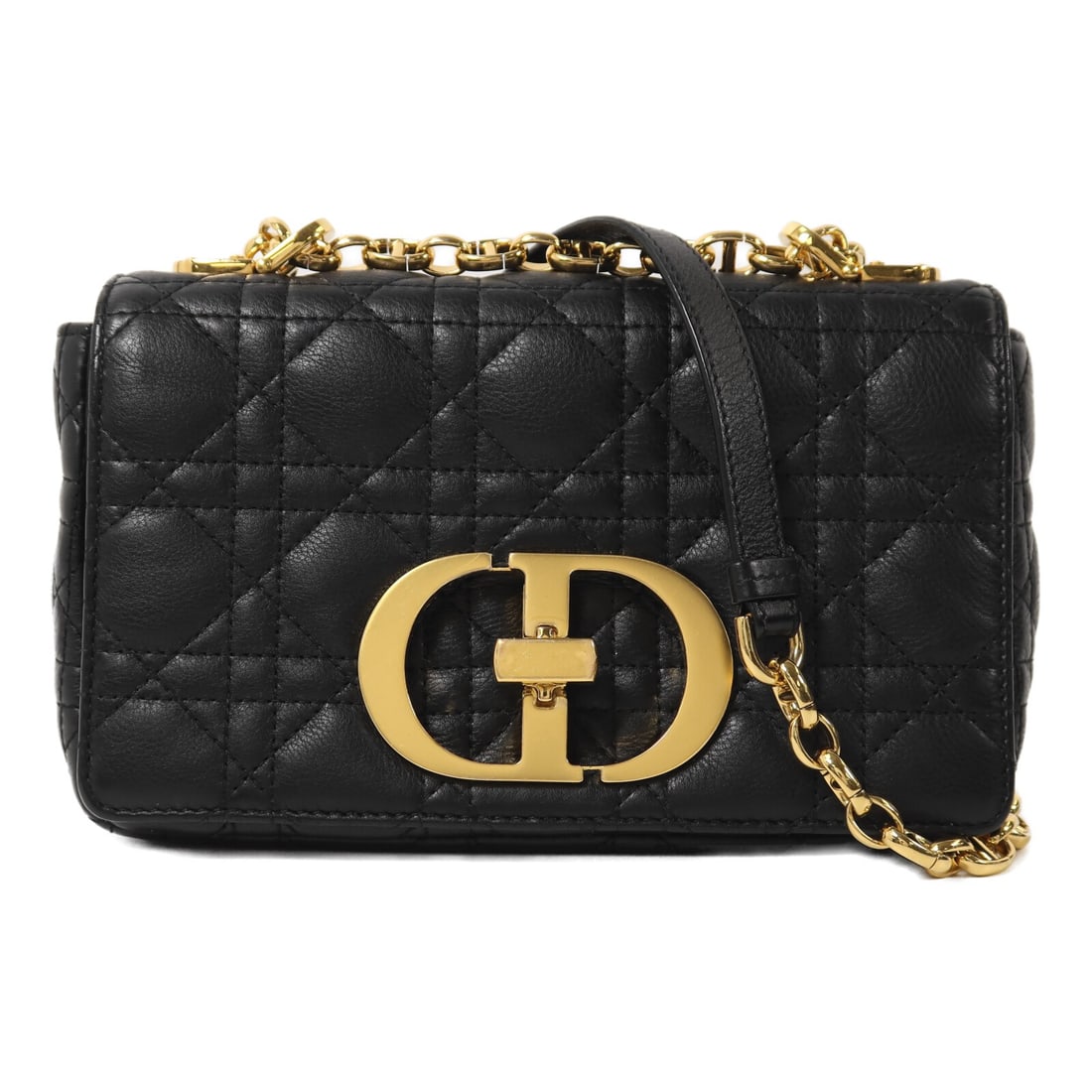 Dior Caro Medium Shoulder Bag M9241UWHC-M900 Black Calfskin Chain Strap: Dior Caro Medium Shoulder Bag M9241UWHC-M900 Black Calfskin Chain Strap A Christian Dior Caro Medium Chain Shoulder bag in black calfskin with gold-tone hardware. It features a turn-lock closure, one 
