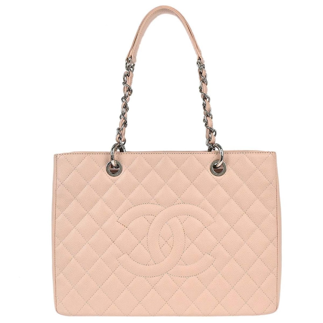 CHANEL GST Grand Shopping Tote Light Pink Calfskin Leather Bag: CHANEL GST Grand Shopping Tote Light Pink Calfskin Leather Bag Chanel Grand Shopping Tote GST chain handbag in light pink caviar skin leather. This large tote features double handles, logo accents, an