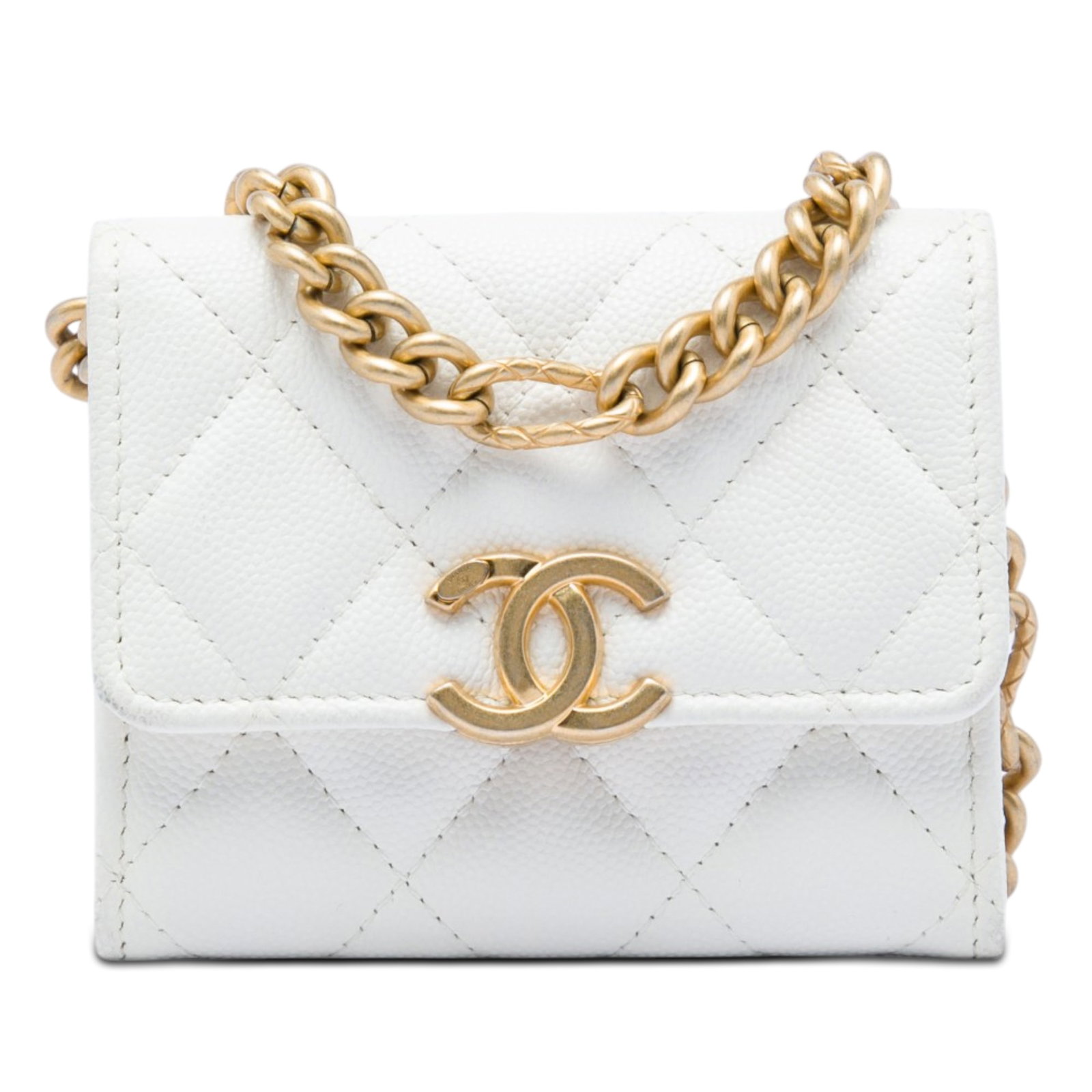 Chanel Card Holder on Chain Quilted Caviar Leather Crossbody: Chanel Card Holder on Chain Quilted Caviar Leather Crossbody Quilted caviar leather card holder on chain with a flap and magnetic snap closure, chain link strap, and partitioned compartments. Includes